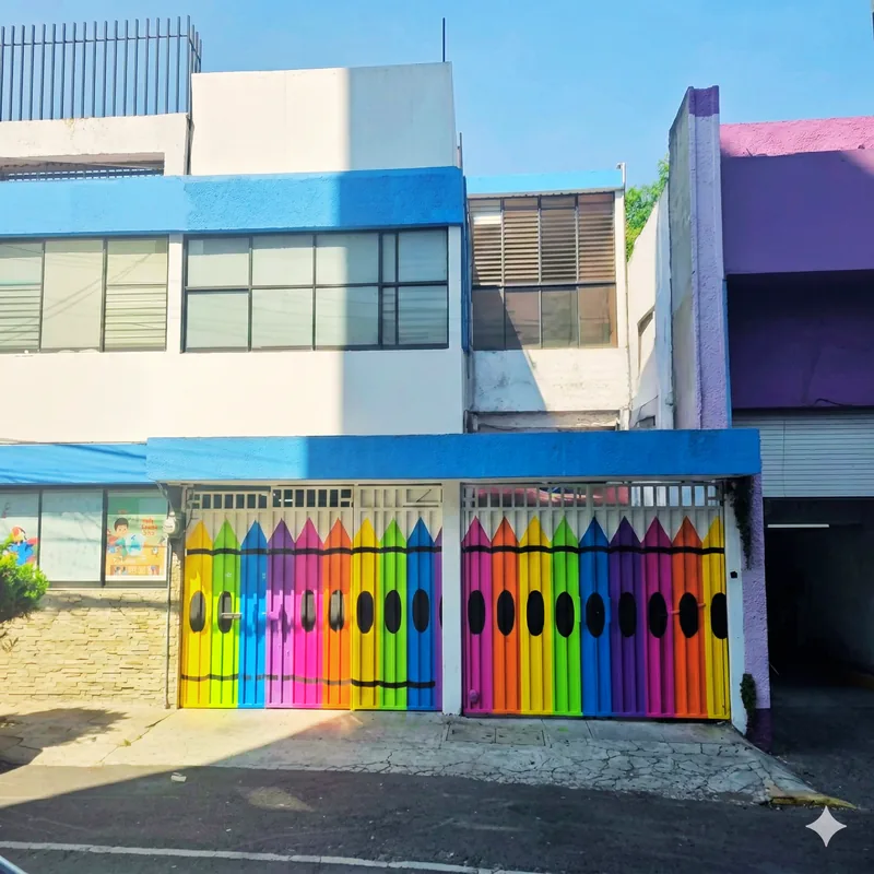 Fachada de BridgePoint con portón pintado de crayones de colores