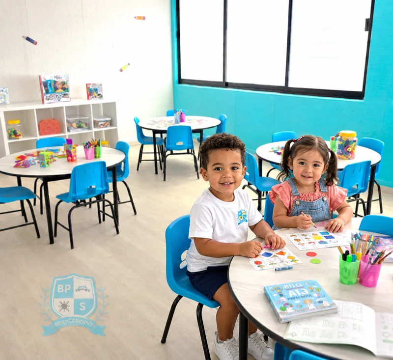 Dos alumnos de BridgePoint trabajando con tarjetas de colores en su salón