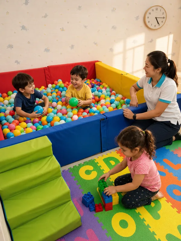 Niños jugando en la alberca de pelotas con una maestra